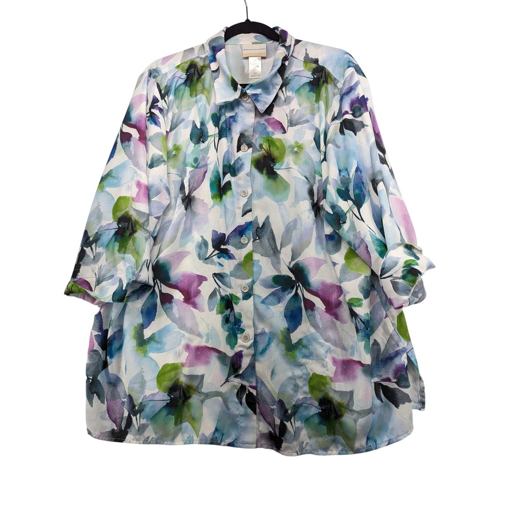 Alfred Dunner Woman 2X‎ Watercolor Floral Button Up Blouse Blue Green 3/4 Sleeve
